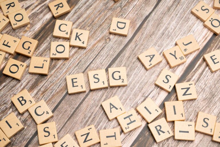 「ESG」の文字が刻まれた木製のブロックが並ぶ様子