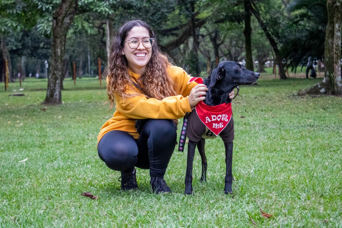 公園で保護犬の里親募集中を示すバンダナをつけた黒い犬と寄り添う女性