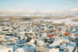 雪に覆われた北海道の町を見渡す風景