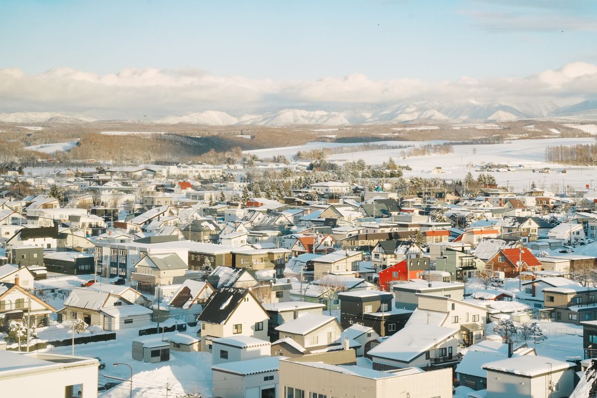 雪に覆われた北海道の町を見渡す風景